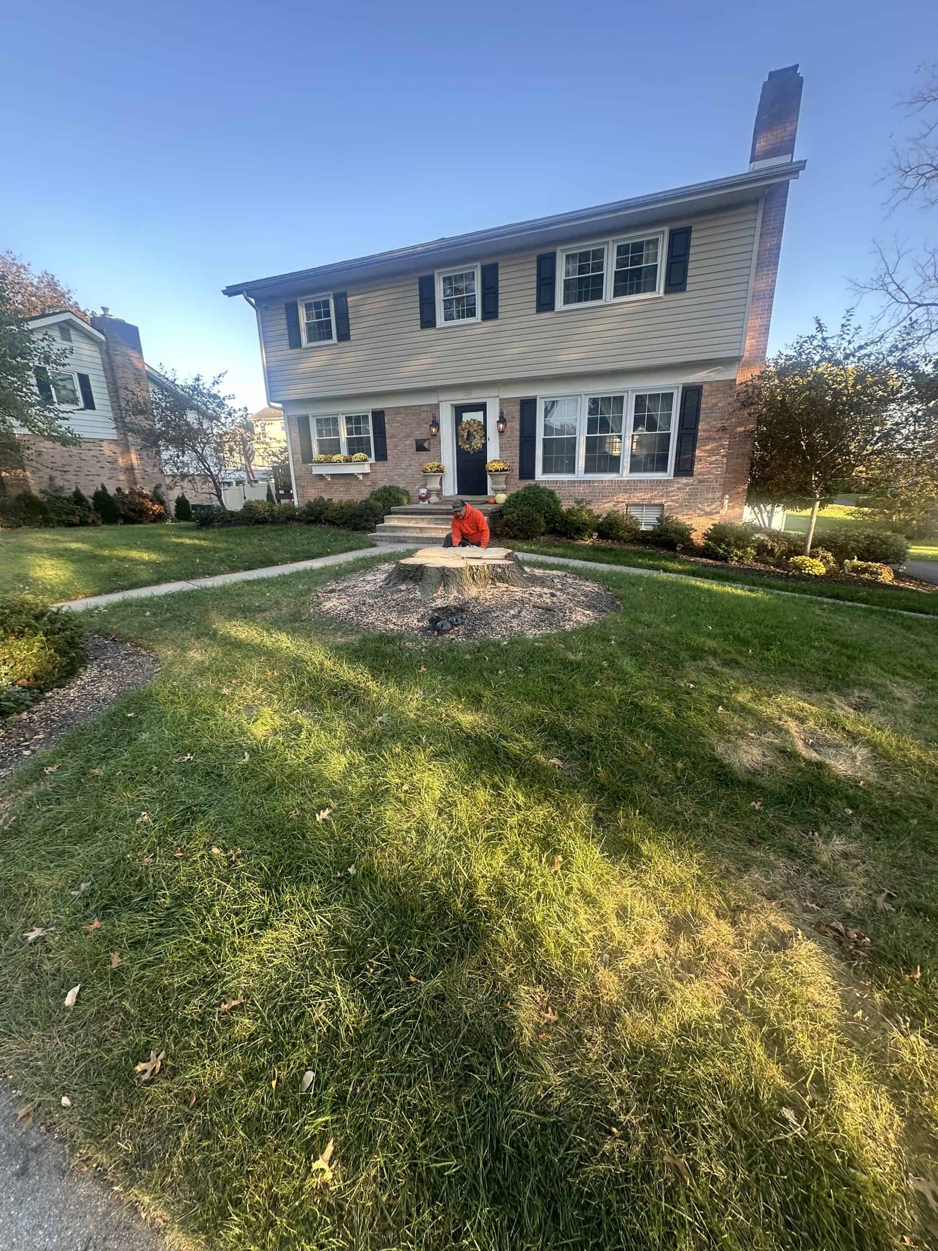 A child in a red hoodie sits on a tree stump in the front yard of a two-story brick and siding house. The yard is grassy with some shrubs and trees, and the sky is clear.